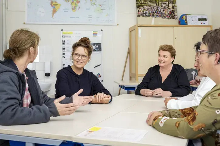Vijf collega's overleggen aan tafel in een klaslokaal