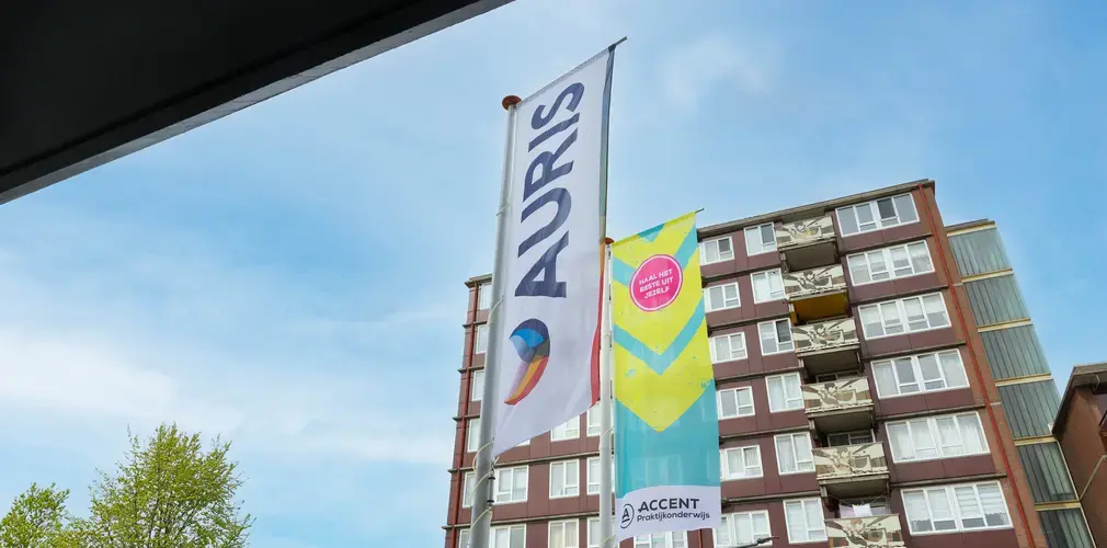 Vlag van Auris Delfshaven met schoolgebouw op de achtergrond