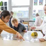 Drie leerlingen doen een proefje met een programmeerbare bij op tafel.